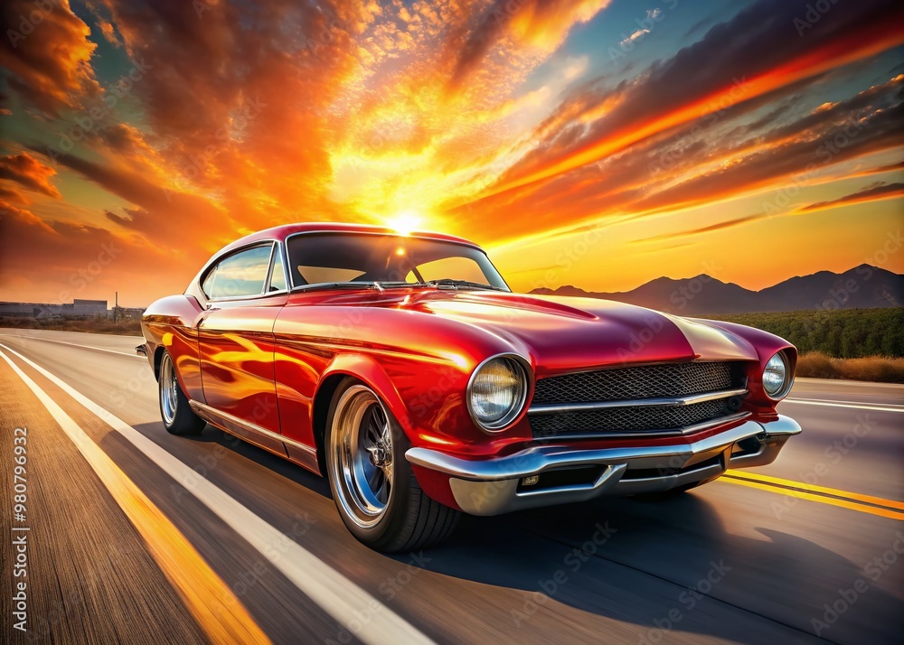 A sleek, customized vehicle with flame decals and chromed pipes speeds down a sunny highway, its bold red A sleek, customized vehicle with flame decals and chromed pipes speeds down a sunny highway, its bold red