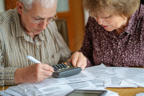 Elderly couple managing finances together, using calculator and reviewing documents. Their focused expressions reflect importance of planning for retirement