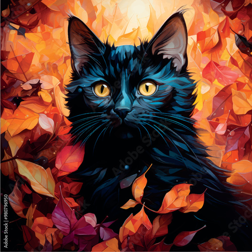 Portrait of a black cat in autumn leaves painting with paints. Illustration of a black cat on an autumn background print illustration art. Halloween black cat. Kitten print art.