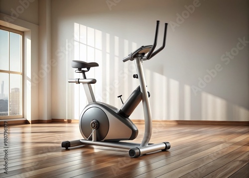 A sleek, futuristic exercise bike with digital display and ergonomic handles sits solitary on a light wood floor,