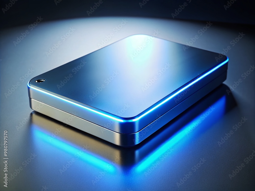 A sleek, modern data storage device with glowing blue lights and sleek metal casing, surrounded by subtle shadows, A sleek, modern data storage device with glowing blue lights and sleek metal casing, surrounded by subtle shadows,