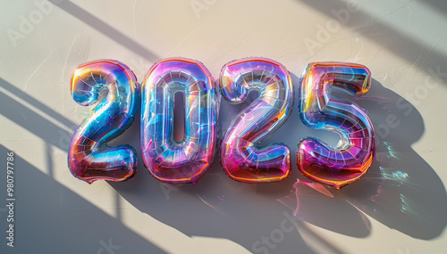 Number 2025 in holographic rainbow balloons