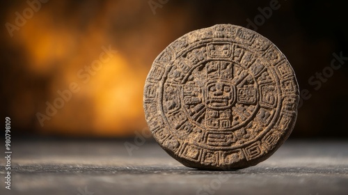 A circular Aztec calendar stone carved with intricate symbols and figures