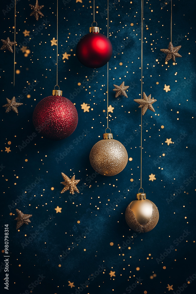 Christmas mobile wallpaper, dark blue background with golden Christmas ornaments and red Christmas balls hanging from the top of it, Christmas mobile wallpaper, dark blue background with golden Christmas ornaments and red Christmas balls hanging from the top of it,
