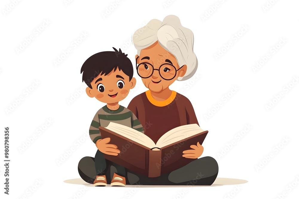 Loving Grandmother Reads Book to Curious Child in Cheerful Flat Style Character Loving Grandmother Reads Book to Curious Child in Cheerful Flat Style Character