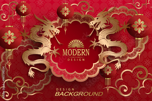 Gorgeous red background with a round frame and golden dragons.