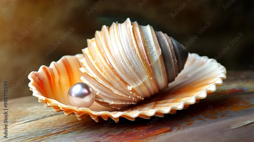 Discover the beauty of a pearl nestled in a stunning seashell on a wooden surface at sunset
