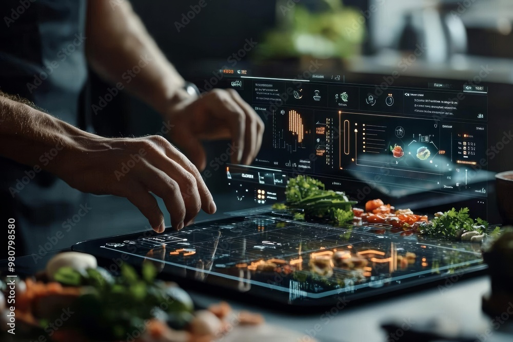 Futuristic kitchen with digital interface for cooking, showcasing fresh ingredients and advanced technology for meal preparation. Futuristic kitchen with digital interface for cooking, showcasing fresh ingredients and advanced technology for meal preparation.