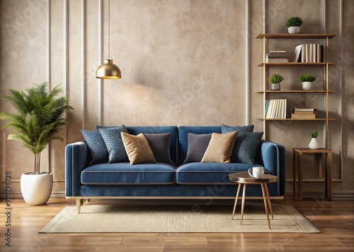 A sleek, velvet blue couch sits against a cream-colored wall, adorned with matching throw pillows and a few photo