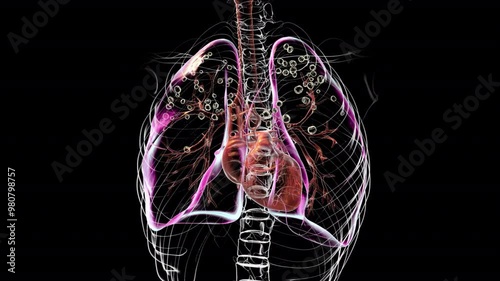 Lungs affected by silicosis, 3D animation revealing dark silicotic nodules, emphasizing respiratory health issues due to silica exposure.