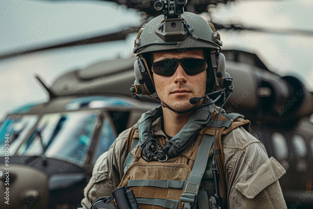 Military pilot is standing in front of a helicopter Military pilot is standing in front of a helicopter