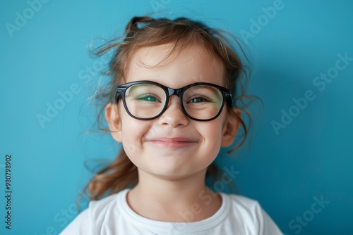 Joyful little girl wearing black glasses smiles playfully against a bright blue background