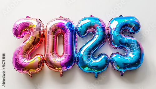 Number 2025 in holographic rainbow balloons