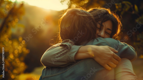 A person embracing another in a warm hug, with a backdrop of nature, symbolizing love, connection, and human bonds.
