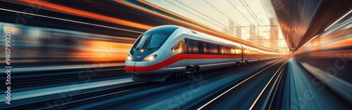 High-speed electric train moving through urban landscape