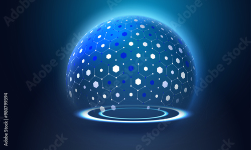 High Tech sphere shield on blue background. Ai globe protect transparent ball. Dome barrier technology vector. Cyber, uv, virus protection hexagon shield futuristic design.