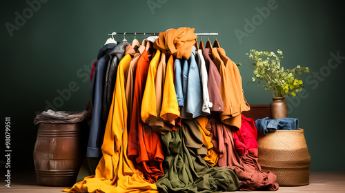 A pile of clothes with a blue shirt on the bottom, hangers, clothes for sale, clothes for sale, clothes for sale at the market