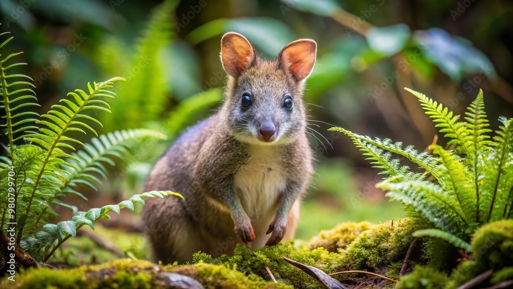 A small, furry, rat-kangaroo marsupial with distinctive rounded ears and long, pointed snout, pauses in a lush, mossy A small, furry, rat-kangaroo marsupial with distinctive rounded ears and long, pointed snout, pauses in a lush, mossy