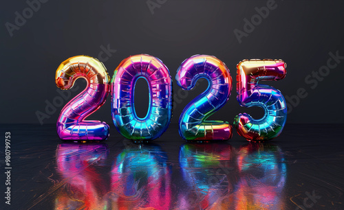 Number 2025 in holographic rainbow balloons