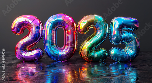 Number 2025 in holographic rainbow balloons