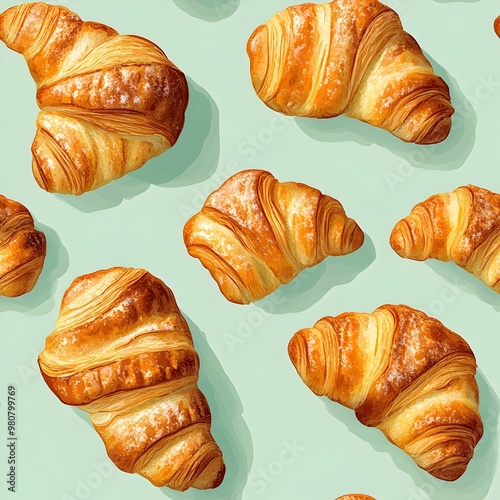 Mouth watering Croissant on a Mint Pastel Backdrop for Seamless Pattern Design photo