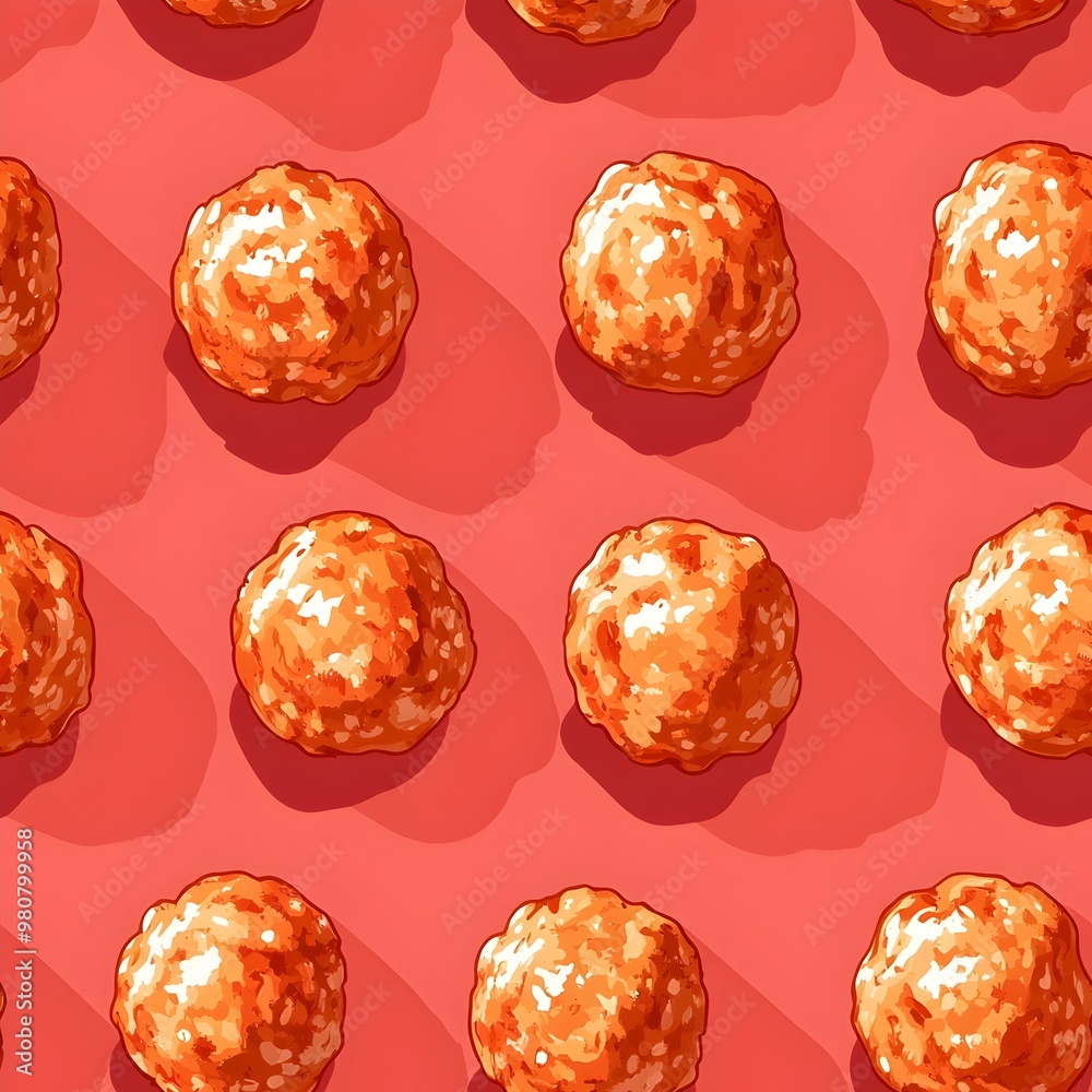 Seamless Pattern of Meatballs on Pastel Red Background in Seamless Pattern of Meatballs on Pastel Red Background in