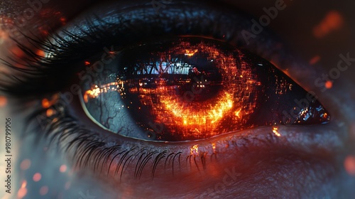 Close up photo of cybergirl Humanoid robot eyeball with digital pixels and symbols inside Cornea. Artificial intelligence AI and androids future concept. photo