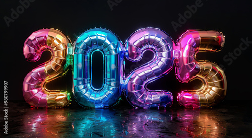Number 2025 in holographic rainbow balloons