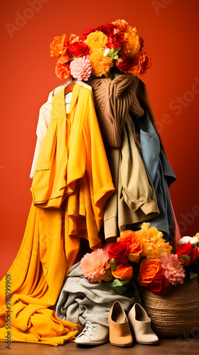 A display of clothes with a red background with a red background, person in costume, person, person with a bouquet of flowers, person in clothes