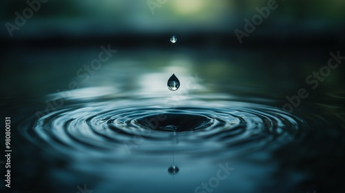 A tranquil moment captured as a single water droplet creates ripples on a calm surface, evoking serenity and nature's beauty.