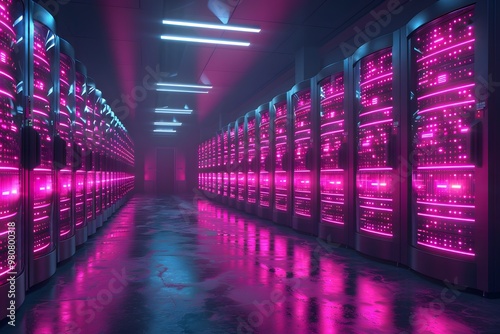 Neon-Illuminated Data Center with Server Racks - Technology, Innovation, Server Room