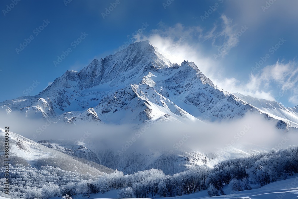 Snow capped mountain peak surrounded by clouds reaching for the sky Snow capped mountain peak surrounded by clouds reaching for the sky