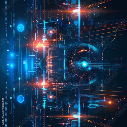 Futuristic digital circuit board glowing with blue and orange lights at night showcasing advanced technology and innovation