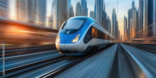 High-speed electric train moving through urban landscape