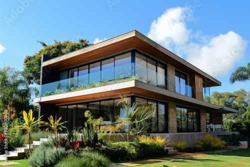 Luxurious house exterior with green garden on a sunny day