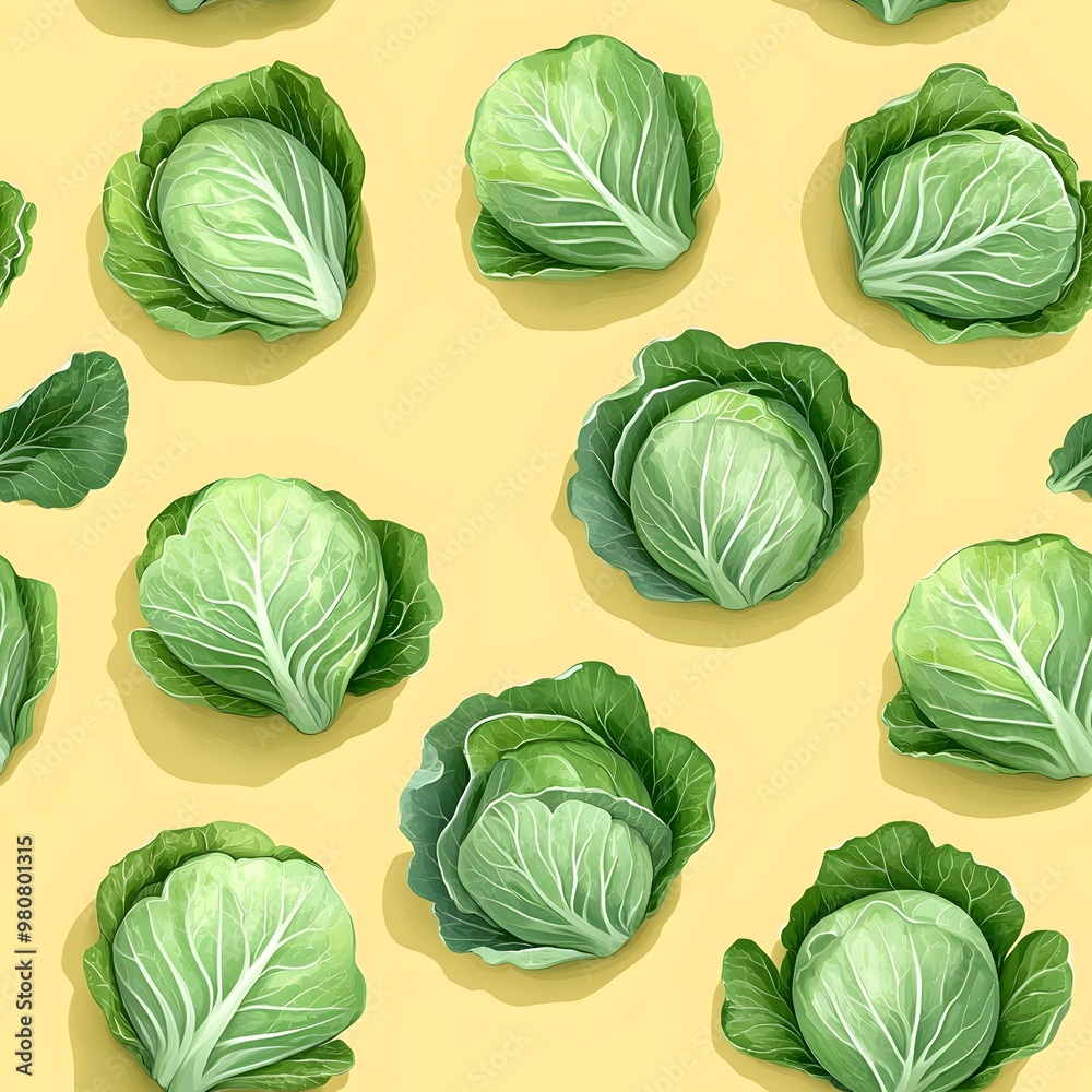 Vibrant Cabbage Leaves Create Seamless Pattern on Pastel Yellow Background Vibrant Cabbage Leaves Create Seamless Pattern on Pastel Yellow Background