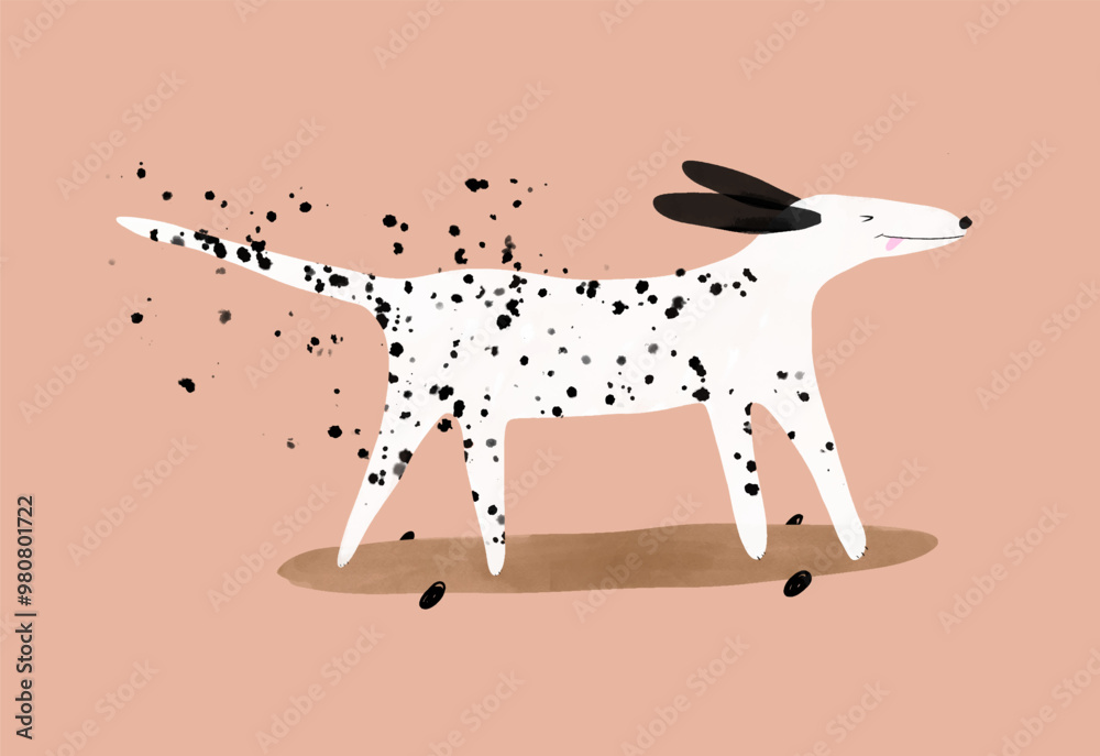 Cute Dog Skateboarding. Happy Dalmatian on a White Background. Nursery Art with Funny Dog Ideal for Kids' Room Decoration. Nursery Vector Print with Dalmatian Dog Losing Spots While Skateboarding.