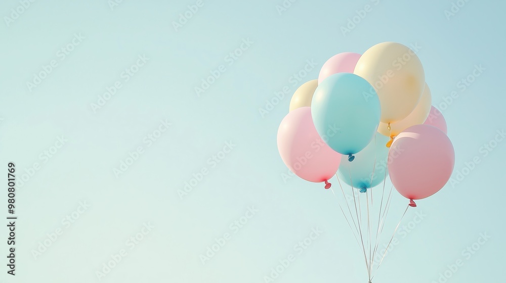 A cluster of pastel-colored balloons in light pinks, blues, and yellows floating gently against a pale cloudless sky with ample negative space creating a serene and dreamy atmosphere A cluster of pastel-colored balloons in light pinks, blues, and yellows floating gently against a pale cloudless sky with ample negative space creating a serene and dreamy atmosphere