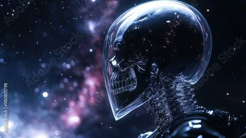 A close-up of a glass skeleton in profile inside a completely transparent, hermetically sealed spacesuit helmet, set against the backdrop of outer space with a cluster of stars and the Milky Way. photo