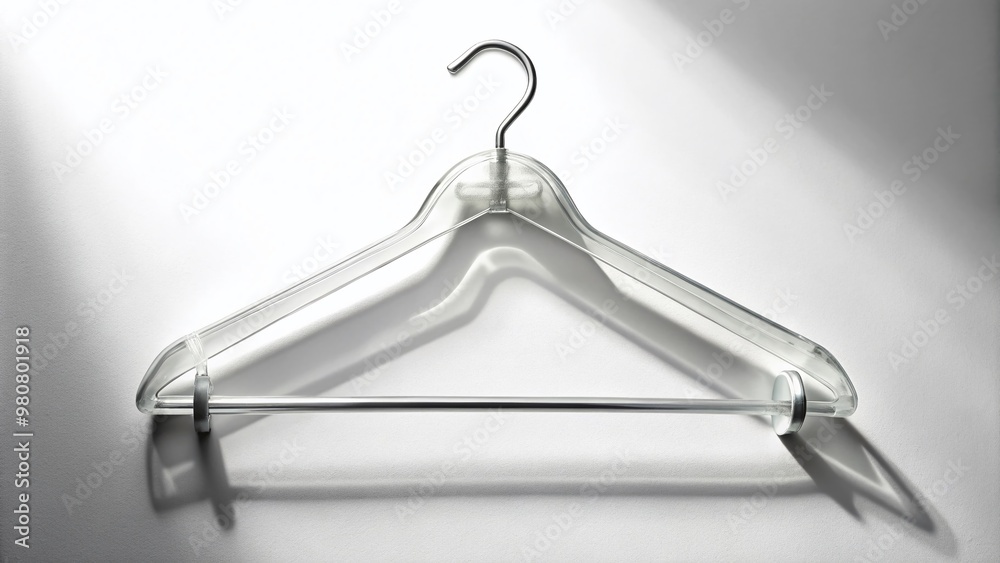 A solitary, transparent plastic hanger suspended from a hook, casting a subtle shadow against a bright white A solitary, transparent plastic hanger suspended from a hook, casting a subtle shadow against a bright white
