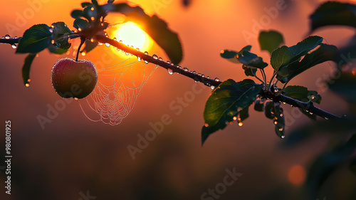 An elegant, delicate spiderweb glistens with dew drops against a September sunset, with a branch from an apple tree subtly included in the scene.
