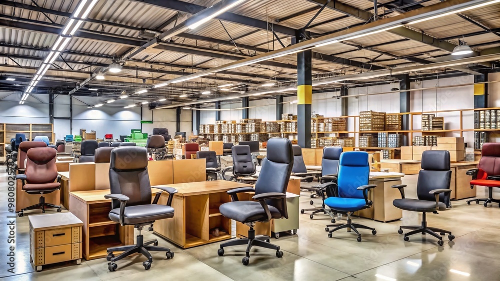 A spacious, well-lit warehouse filled with rearranged rows of gently used office chairs, desks, and filing cabinets