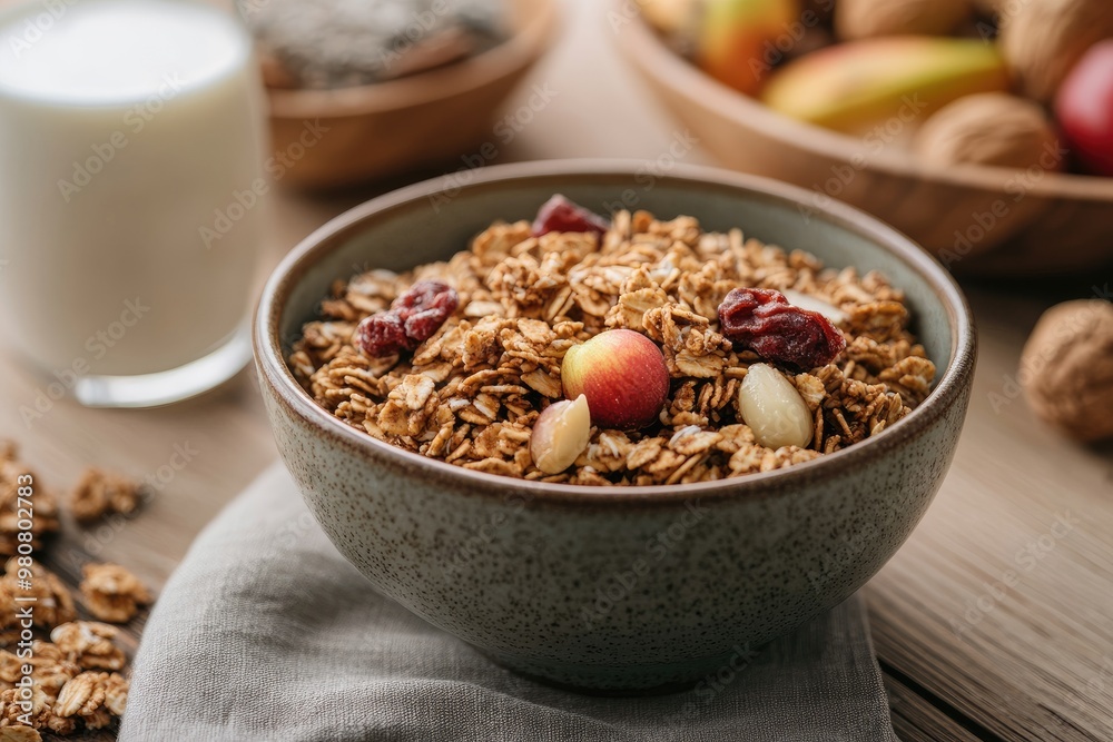 A bowl of granola with fruit and nuts. Perfect for use in blogs about healthy eating and breakfast. A bowl of granola with fruit and nuts. Perfect for use in blogs about healthy eating and breakfast.