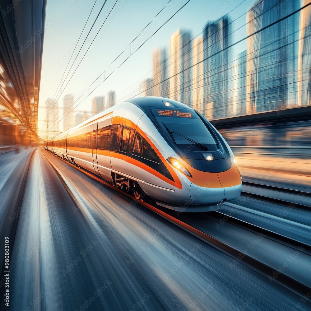 High-speed electric train moving through urban landscape High-speed electric train moving through urban landscape