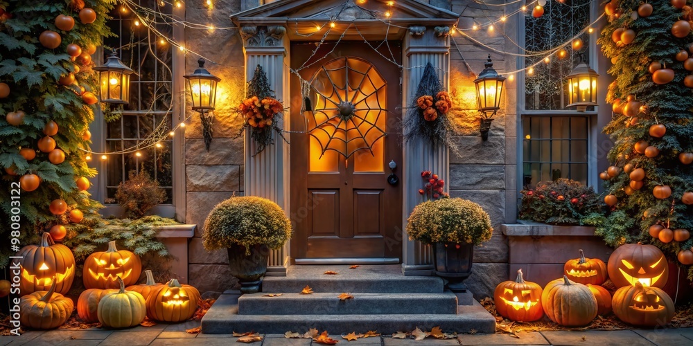 Obraz premium A spooky autumn entrance adorned with glowing jack-o'-lanterns, artificial spider webs, and a festive fall wreath,