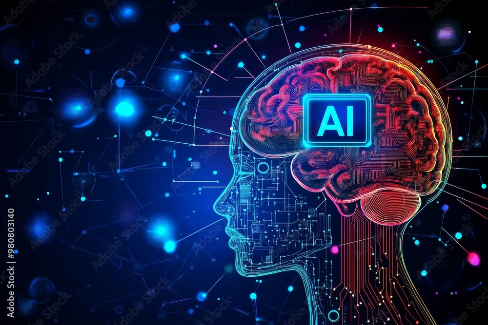 Human head silhouette with an illuminated brain and AI symbol illustrating the integration of artificial intelligence into human cognition symbolizing future advancements in brain machine interfaces