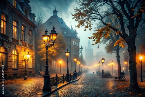 A spooky autumnal cityscape at dusk, with dimly lit streets, eerie fog, and ornate lampposts, evoking a sense photo