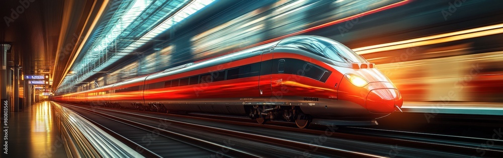 High-speed electric train moving through urban landscape