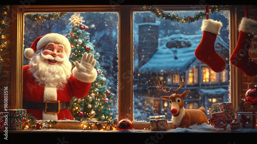 Through the large window, Santa Claus cheerfully waves with a joyful expression and his tongue sticking out, while a playful red-nosed reindeer peeks beside him.