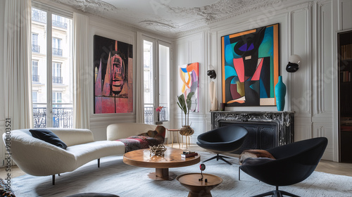 A stylish Parisian apartment interior with an eclectic blend of vintage and modern furniture, featuring bold, contemporary art on the walls and elegant crown molding